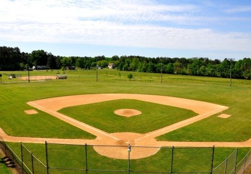 aerial view of green baseball field