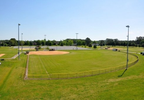 aerial view of grass softball field