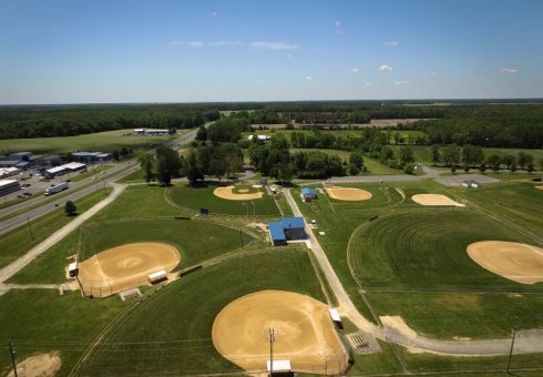 aerial view of large softball and baseball fields