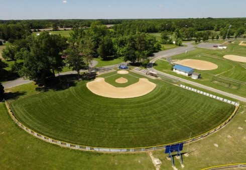 aerial view of green sports fields 